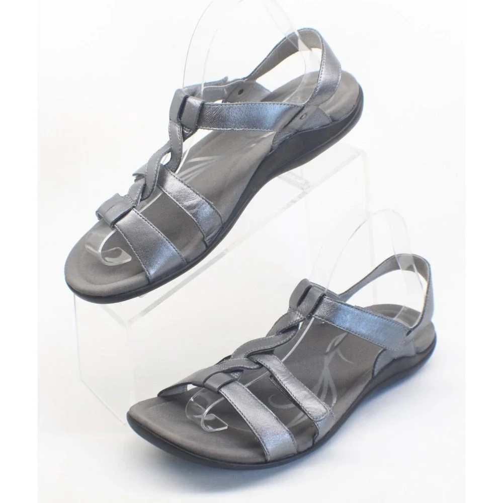 Abeo Bea Braid Pewter Slingback Leather Sandal Women Sz 10N Adjustable Strap